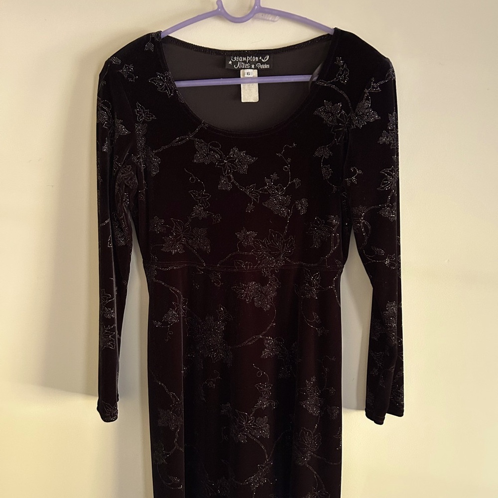 Hampton Nites Petites Black velvet silver sparkle flower inlay dress size 6